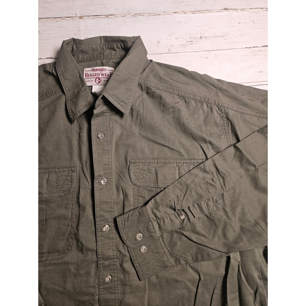 Wrangler Rugged Wear Mens XXL Olive Green Long Sleeve Button Down Shirt Workwear